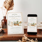Editable homegrown baby shower invitation Canva template with watercolour baby overalls, daisy basket, carrots, market tote, gingham background, and olive branch accents