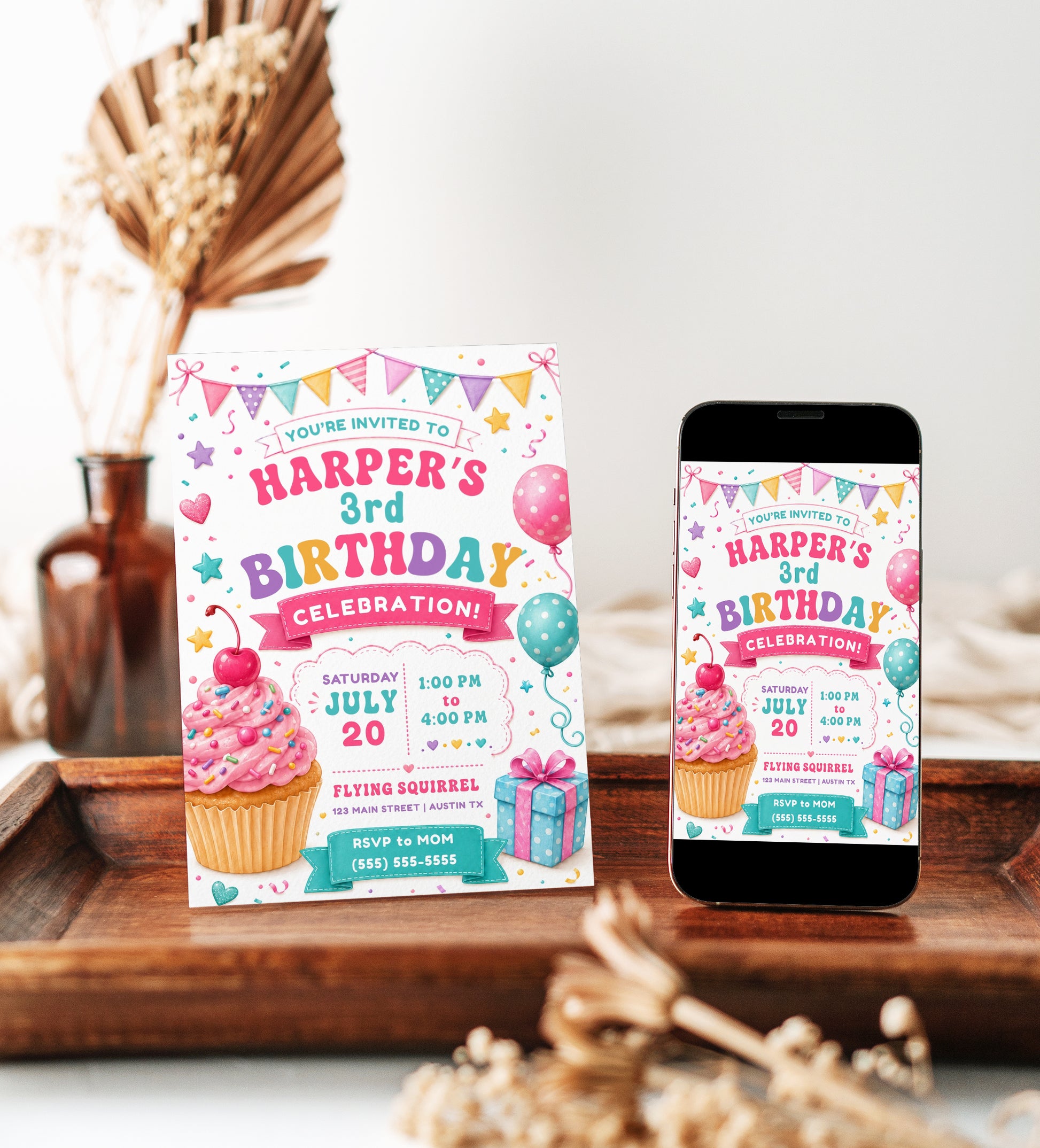 Cupcake birthday invitation with pink frosted cupcake, sprinkles, balloons, party banner, gift box, stars, confetti, hearts, and colorful pastel details