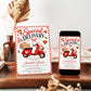 Editable pizza baby shower invitation Canva template with retro Italian pizzeria style, red scooter, pizza boxes, heart shaped pizza, red gingham border, and bold red and navy typography on a cream background