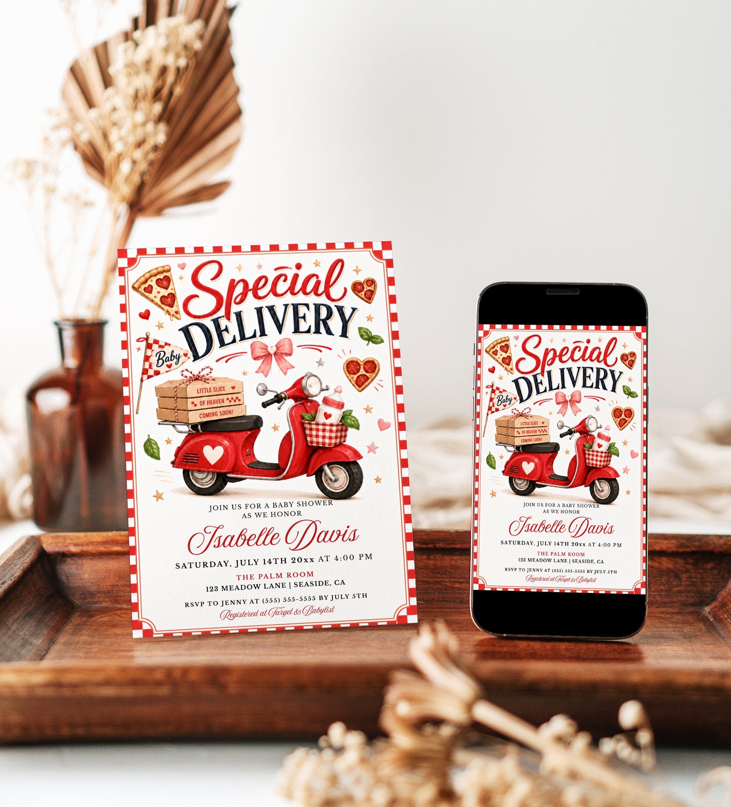 Editable pizza baby shower invitation Canva template with retro Italian pizzeria style, red scooter, pizza boxes, heart shaped pizza, red gingham border, and bold red and navy typography on a cream background