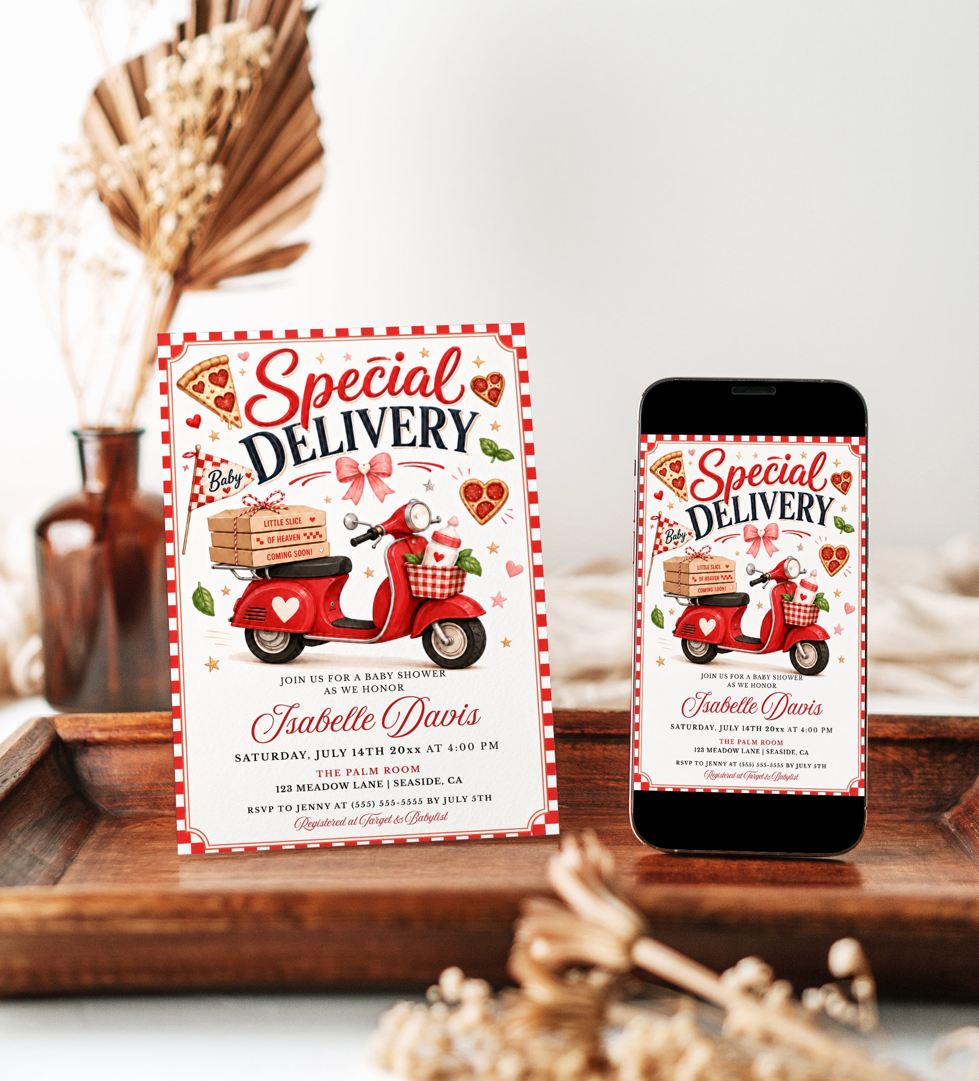 Editable pizza baby shower invitation Canva template with retro Italian pizzeria style, red scooter, pizza boxes, heart shaped pizza, red gingham border, and bold red and navy typography on a cream background
