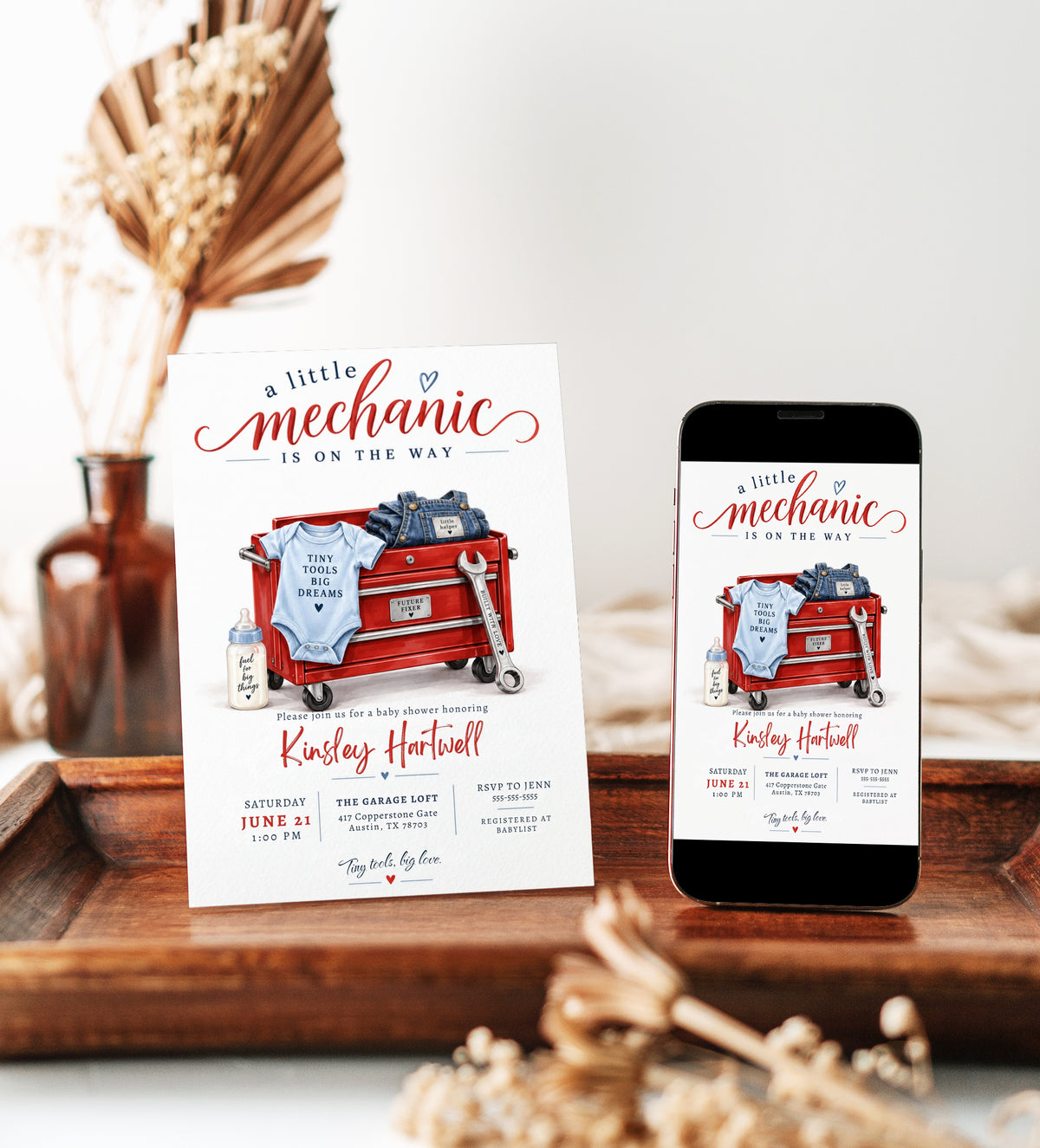 Little mechanic baby shower invitation with red tool chest, wrench, baby overalls, bodysuit, bottle, and garage-themed baby boy shower details
