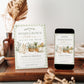 Editable homegrown baby shower invitation Canva template with watercolour baby overalls, daisy basket, carrots, market tote, sage gingham background, and olive branch accents