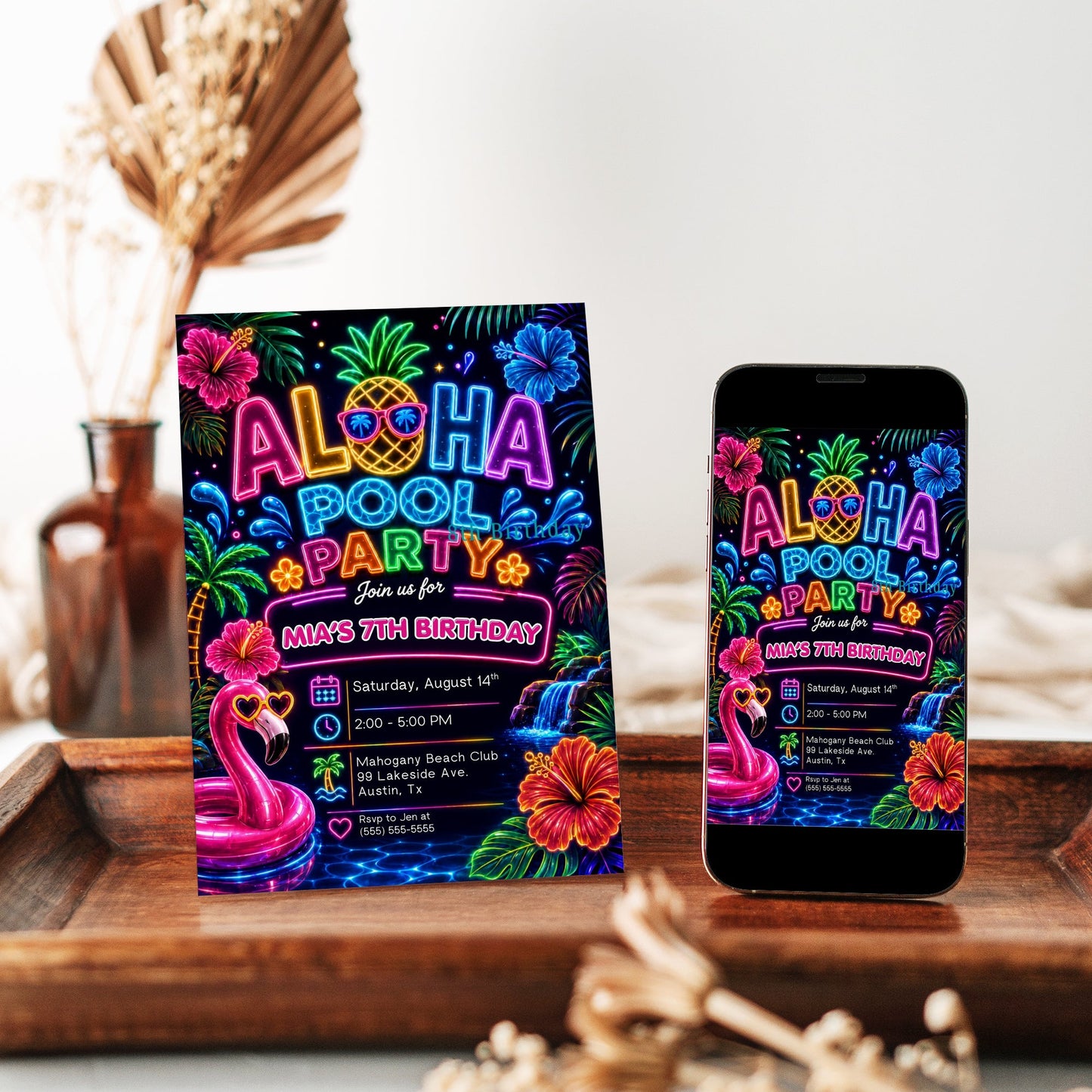 Neon Aloha pool party birthday invitation featuring a glowing pineapple, pink flamingo float, hibiscus flowers, palm trees and colorful tropical lights.
