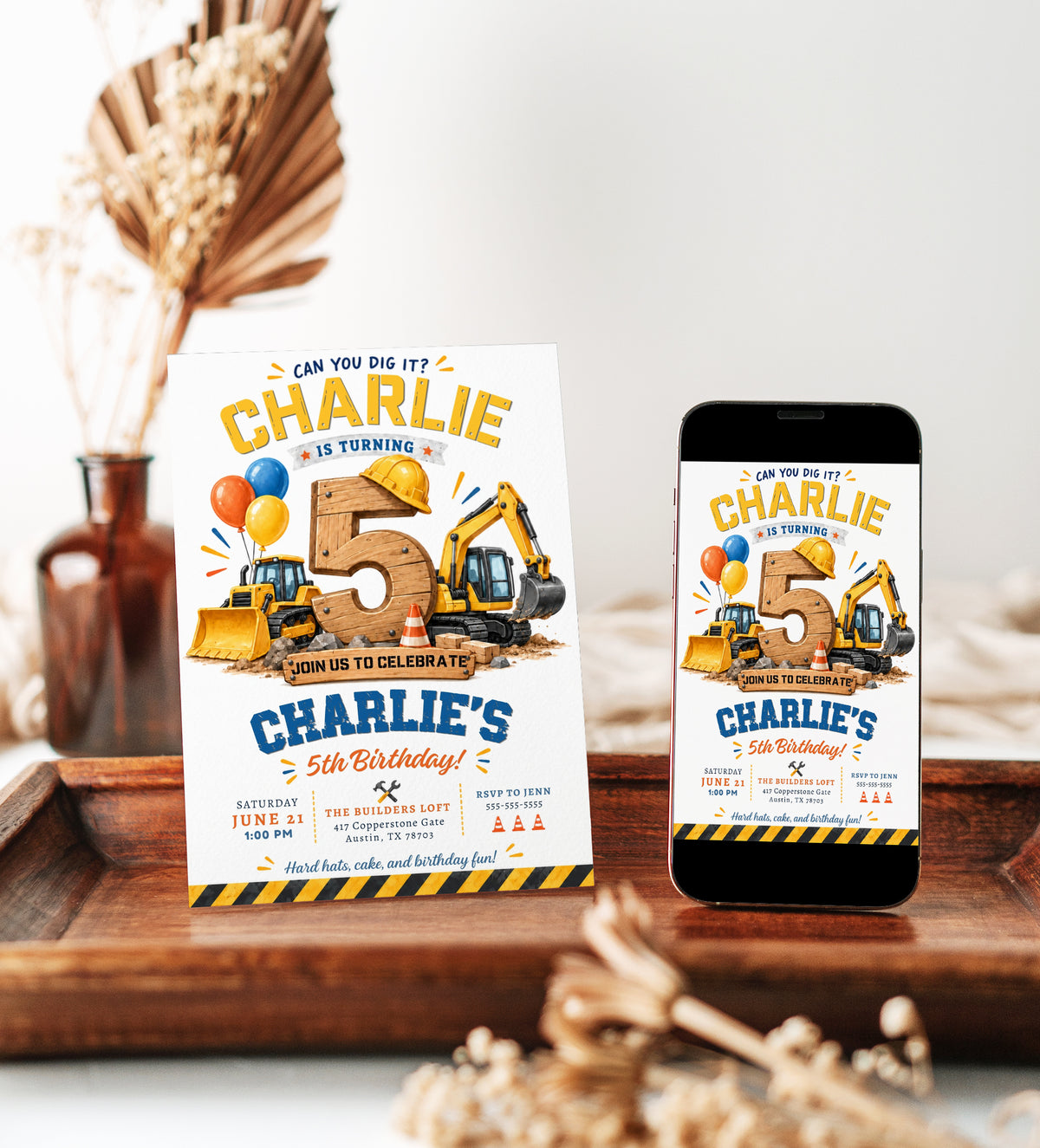 Construction 5th birthday invitation with giant wooden number 5, excavator, bulldozer, hard hat, balloons, traffic cones, and Can You Dig It party details