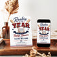 Rookie baseball baby shower invitation with crossed baseball bats, baseball, varsity lettering, navy ribbon banner, red and blue stars, and classic sports shower details