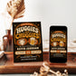 Huggies and Chuggies baby shower invitation with diaper, beer mug, retro typography, orange and cream colors, and vintage man shower party details