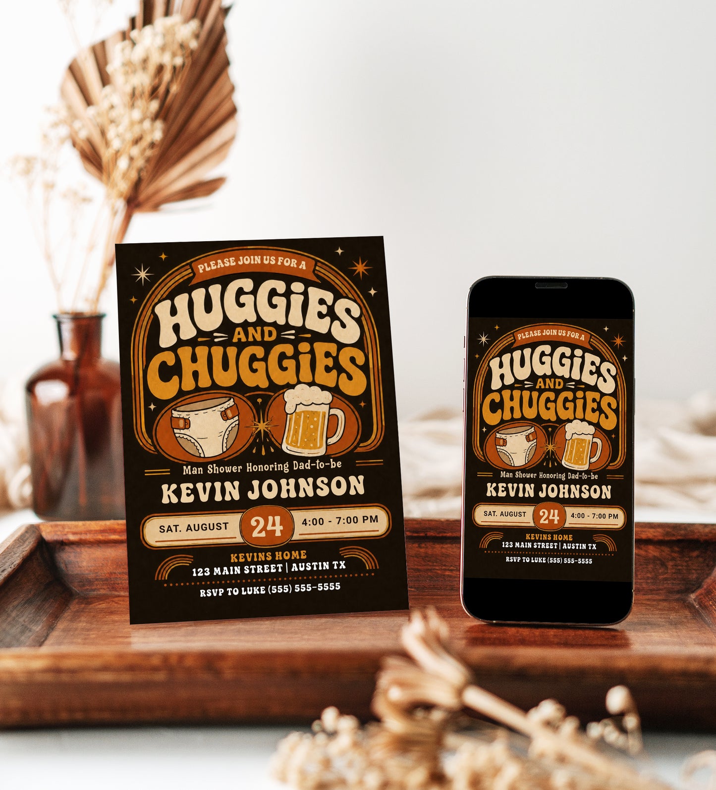 Huggies and Chuggies baby shower invitation with diaper, beer mug, retro typography, orange and cream colors, and vintage man shower party details