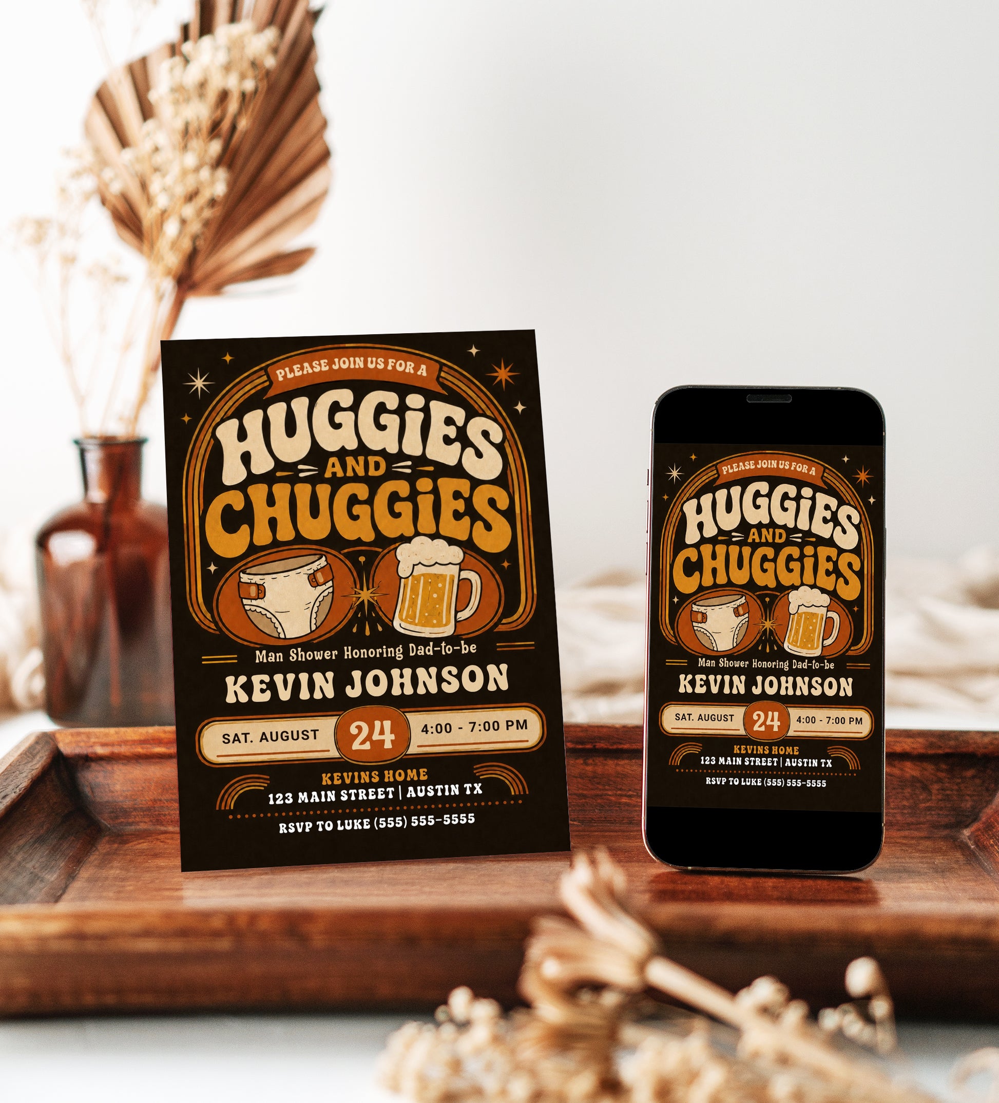 Huggies and Chuggies baby shower invitation with diaper, beer mug, retro typography, orange and cream colors, and vintage man shower party details