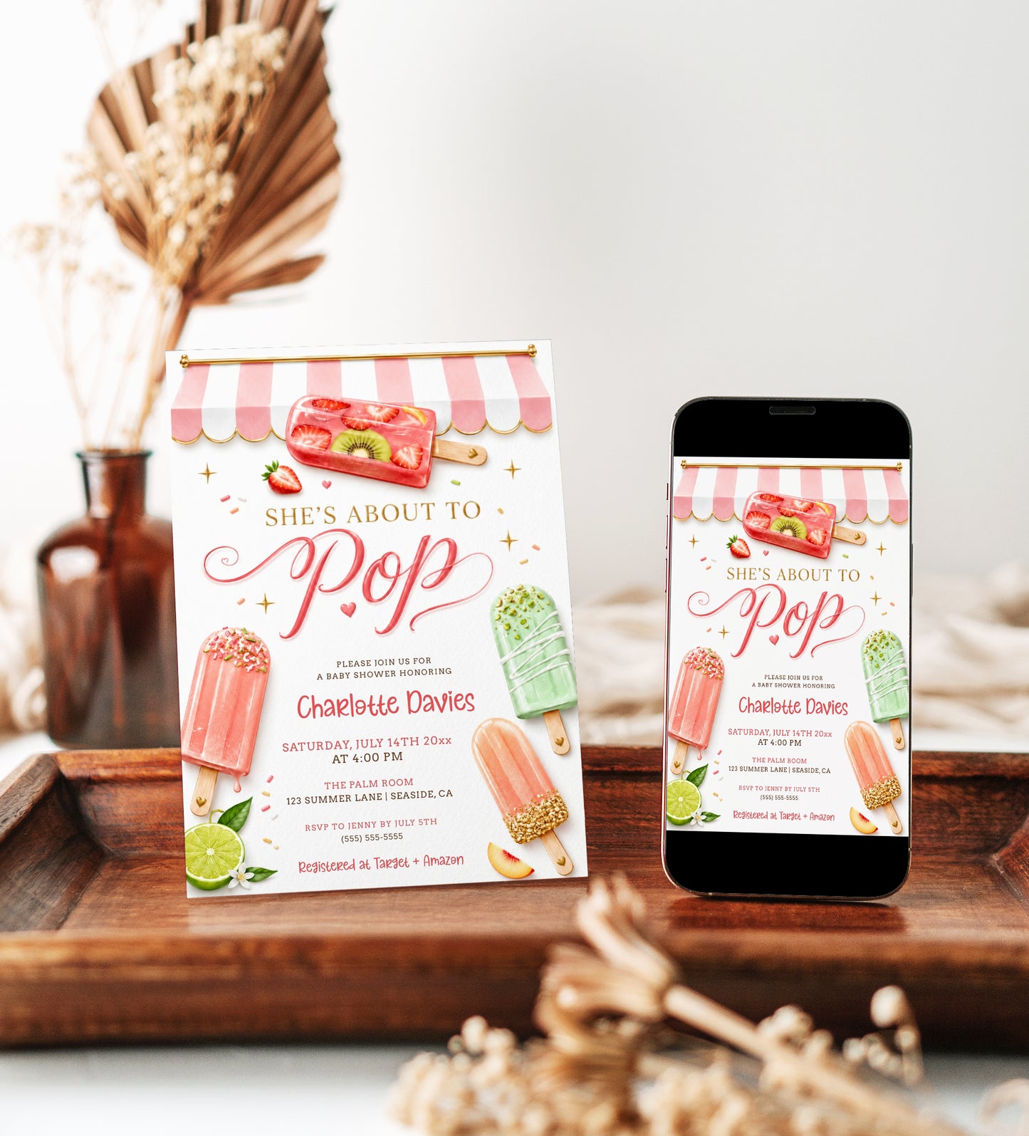 She's about to pop baby shower invitation with colorful popsicles and a pink awning in coral, peach, and green