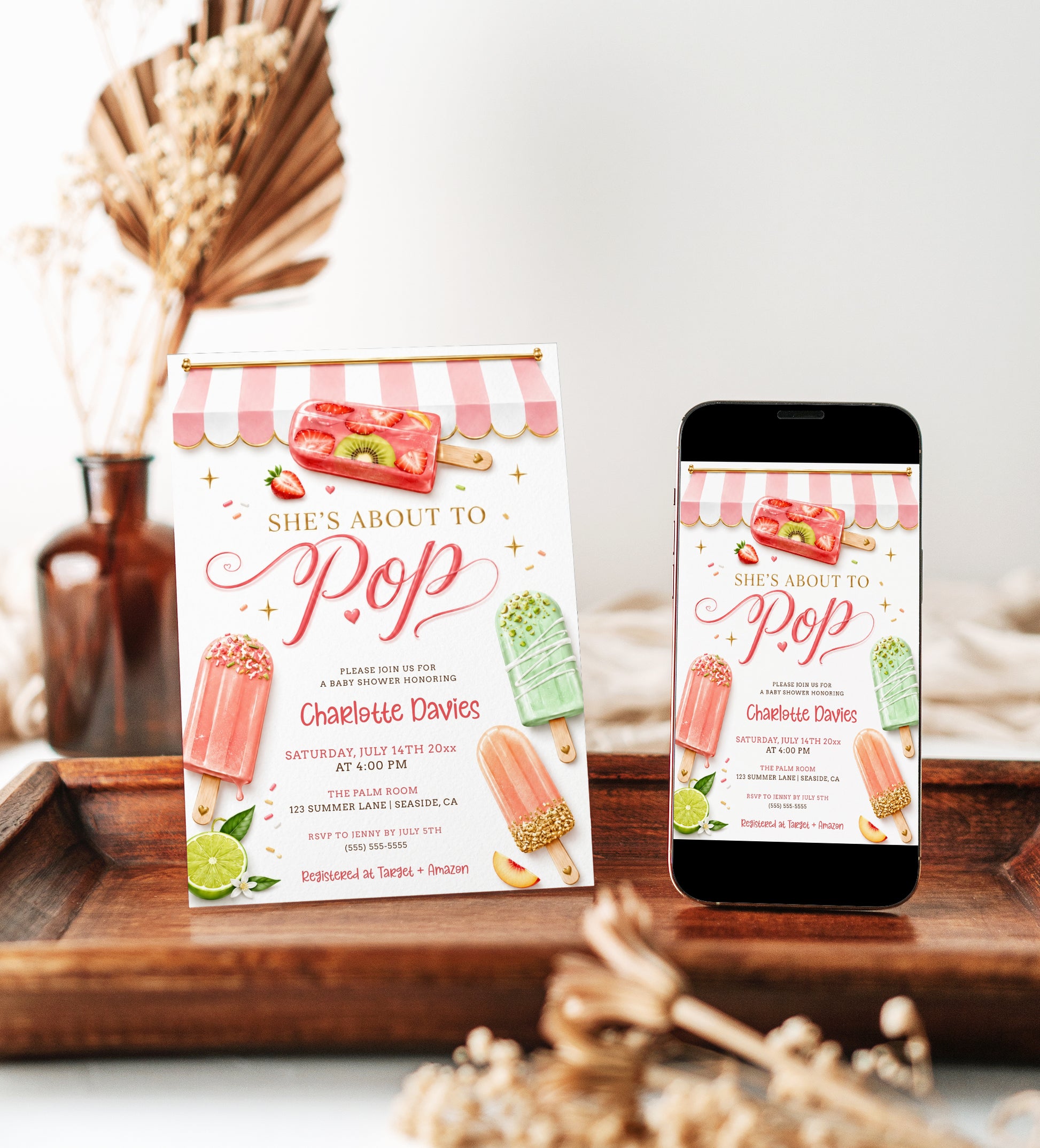 She's about to pop baby shower invitation with colorful popsicles and a pink awning in coral, peach, and green