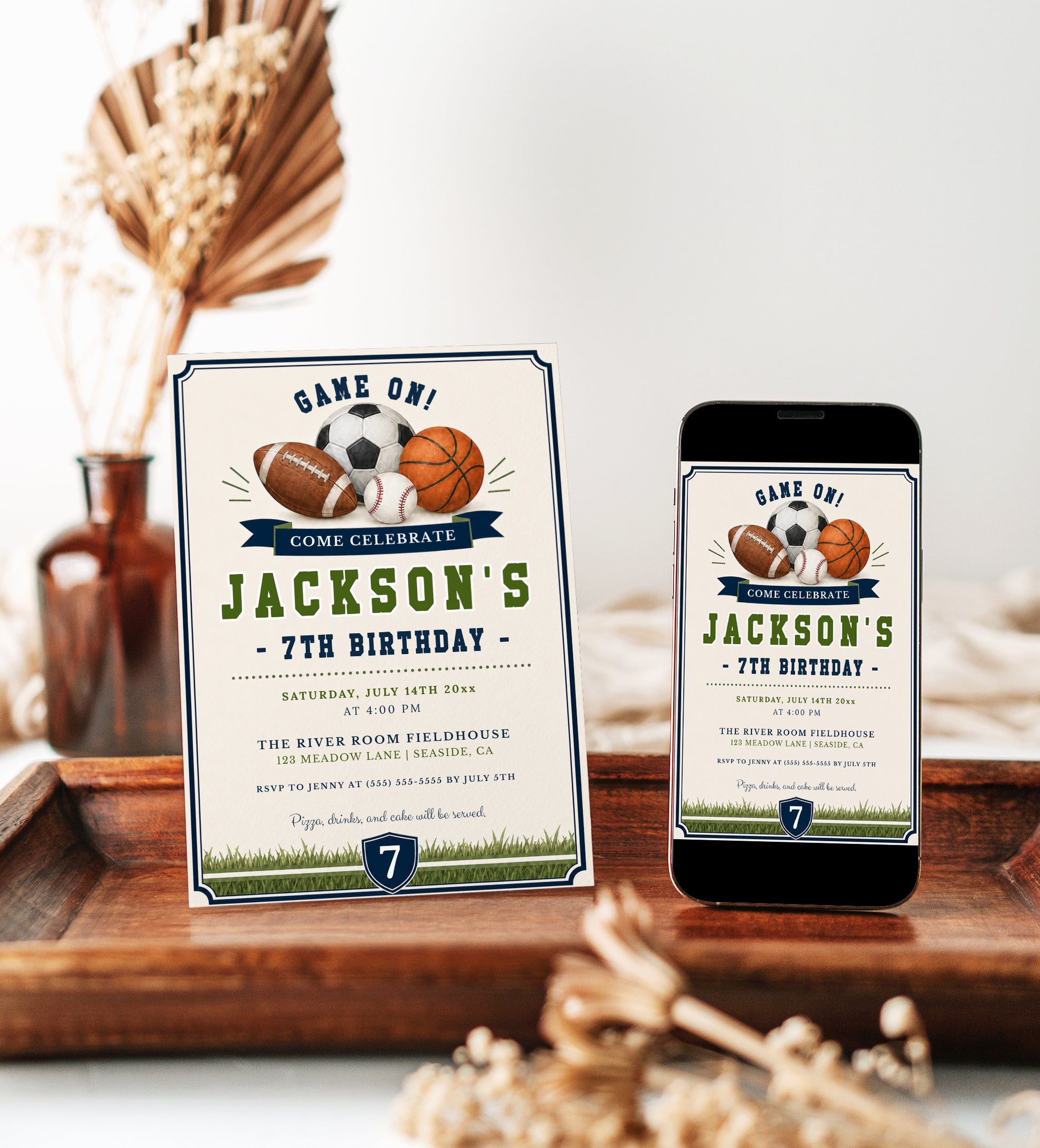 All star sports birthday invitation with a football, soccer ball, basketball, and baseball in navy and green