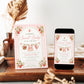 Editable strawberry baby shower invitation Canva template with watercolour strawberries, white blossoms, clothesline scene, and pink gingham background, shown with front and back of card