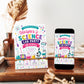 Science birthday invitation with colorful beakers, test tubes, microscope, safety goggles, atoms, molecules, and bright science lab party details for girls