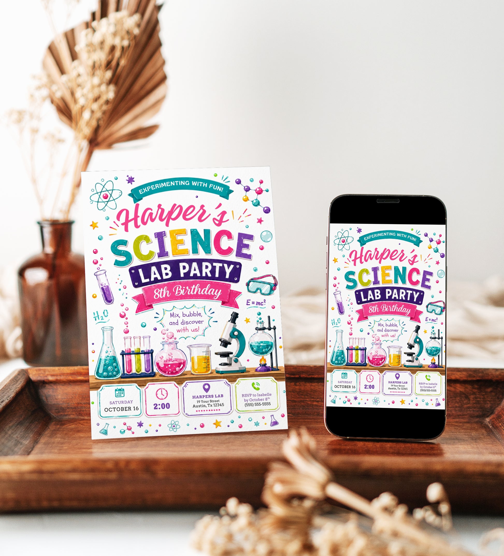Science birthday invitation with colorful beakers, test tubes, microscope, safety goggles, atoms, molecules, and bright science lab party details for girls