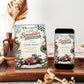 Race car baby shower invitation featuring a teddy bear driving a vintage race car, winding racetrack, checkered flag, stars and baby pit stop signs.
