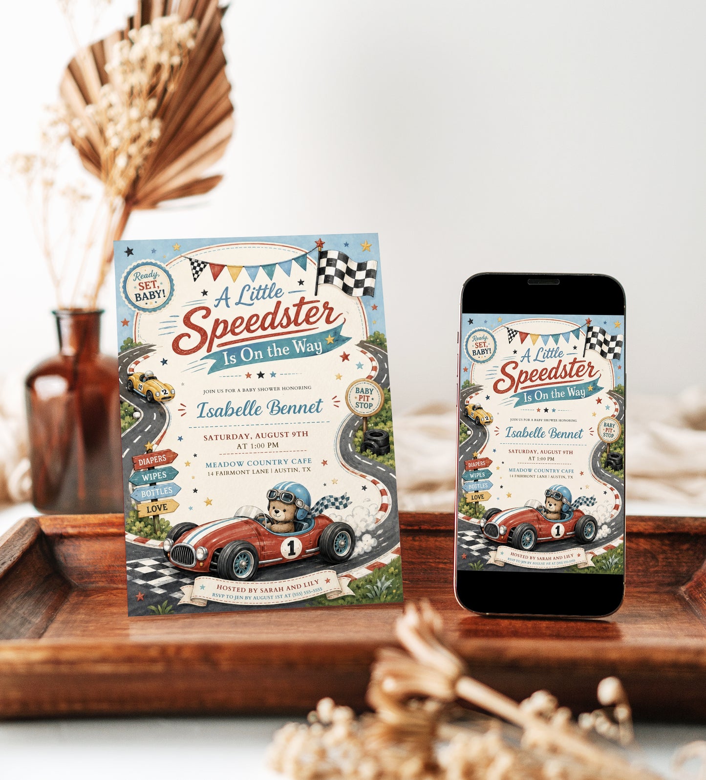 Race car baby shower invitation featuring a teddy bear driving a vintage race car, winding racetrack, checkered flag, stars and baby pit stop signs.
