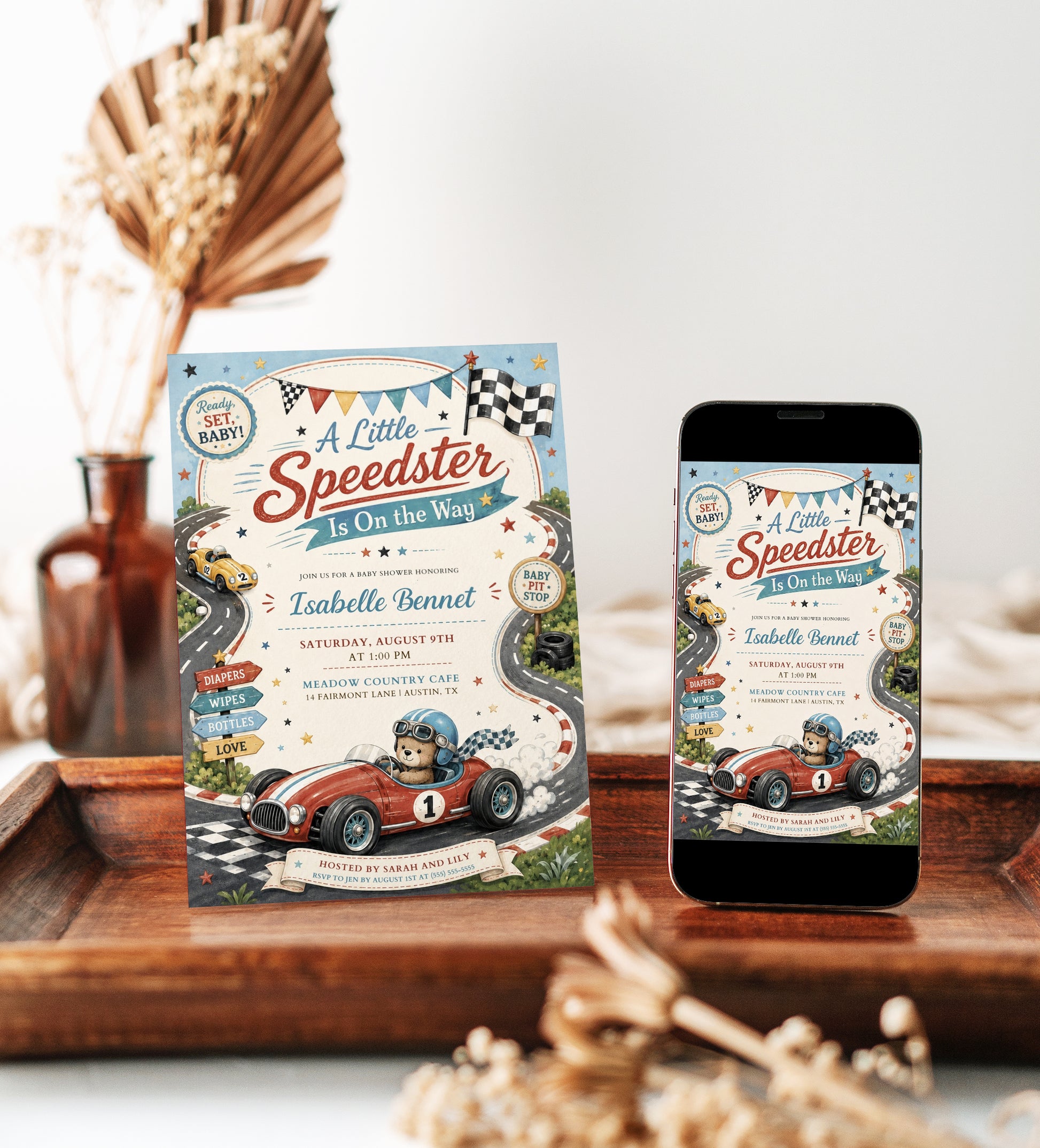 Race car baby shower invitation featuring a teddy bear driving a vintage race car, winding racetrack, checkered flag, stars and baby pit stop signs.
