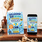 Splashin’ into seven birthday invitation with blue water splashes, swim goggles, surfboard, float tube, beach ball, flip flops, and pool party details