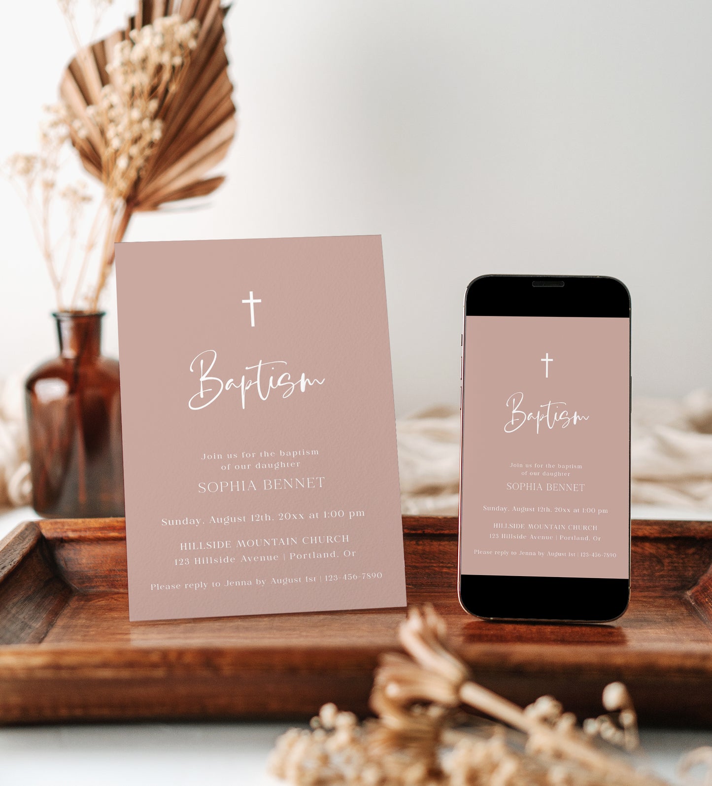 Pink dusty rose girl baptism invitation template with white cross and elegant script typography, editable in Canva