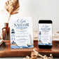 Little sailor nautical baby shower invitation with a lighthouse, sailboat, and ocean waves in navy and light blue