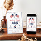 Editable Fourth of July party invitation Canva template with crossed American flags, BBQ grill icon, star accents, and red script and navy bold typography on a white background