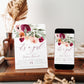It's a girl burgundy and blush floral baby shower invitation template with watercolor roses in burgundy, peach, and sage green, editable in Canva