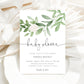 Greenery botanical baby shower invitation template with watercolor eucalyptus branches and cream rose on white background, editable in Canva