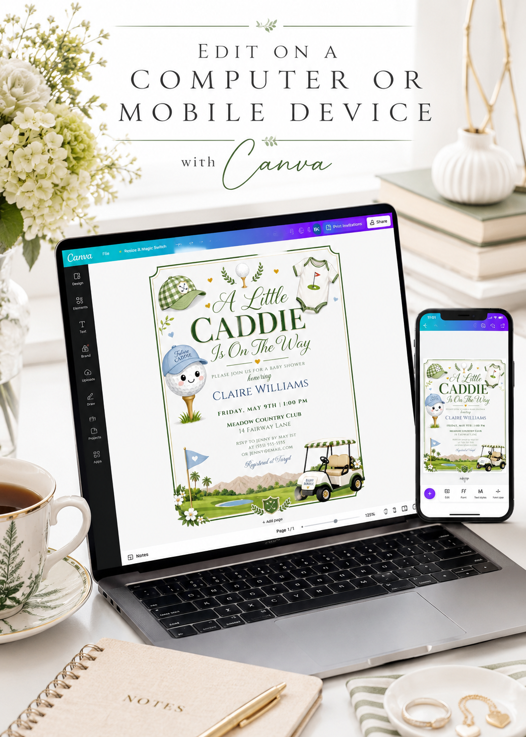 Editable golf baby shower invitation Canva template with illustrated smiling golf ball, golf bag, saddle shoes, golf cart, gingham cap, and fairway scene in forest green and white