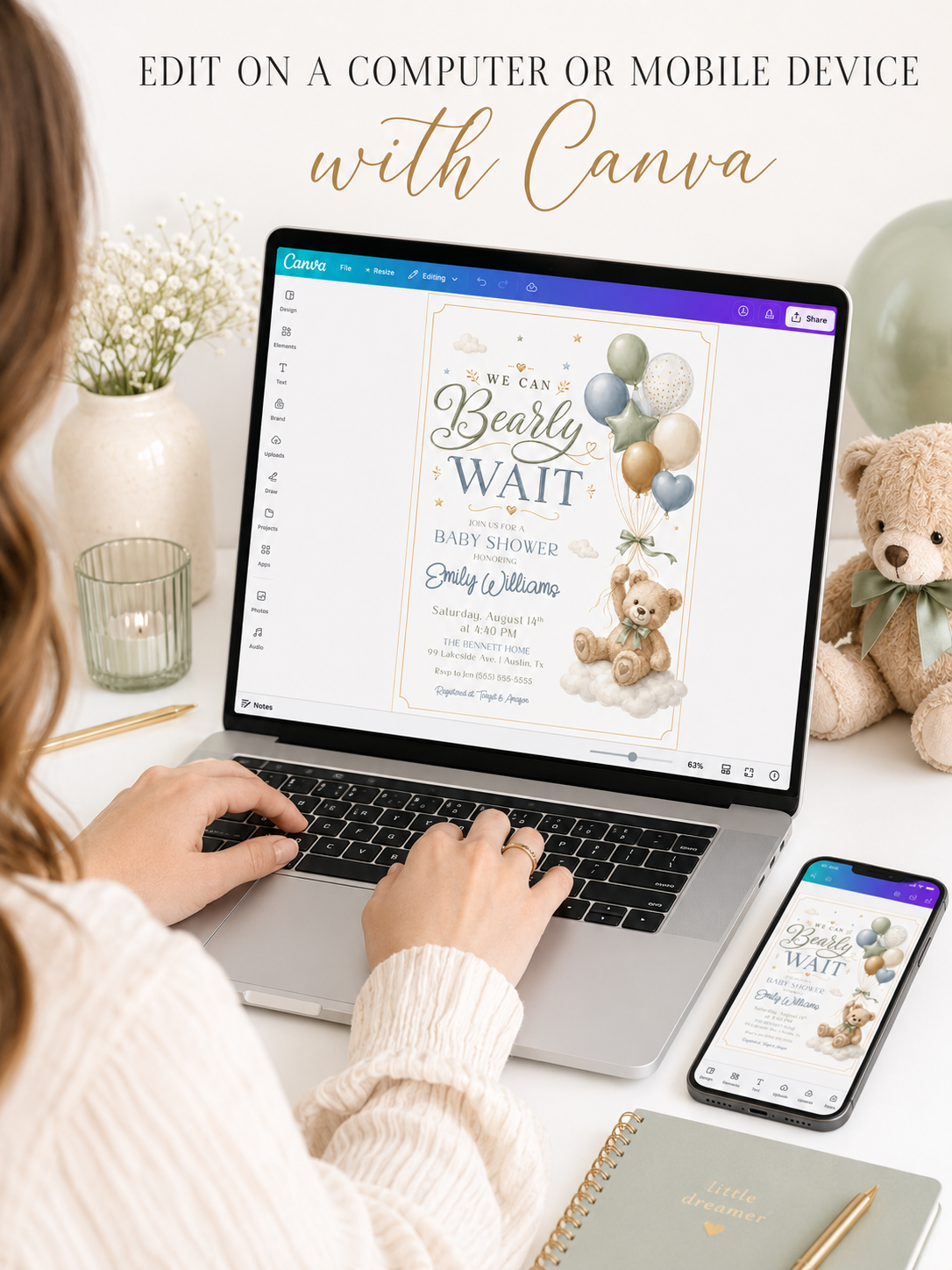 We can bearly wait baby shower invitation with a teddy bear and balloons in sage green, dusty blue, and gold
