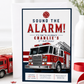 Sound the Alarm firetruck birthday invitation featuring a realistic red ladder fire engine with bold red, white and navy details.
