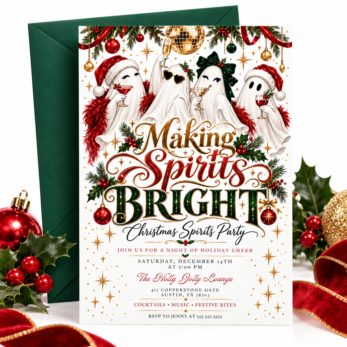 Christmas cocktail party invitation with four ghosts holding cocktails, Santa hats, a green bow, gold disco ball, and red and green Making Spirits Bright lettering