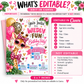 Girls safari birthday invitation with a giraffe wearing pink heart sunglasses, leopard print bows, tropical flowers, and pink and gold balloons
