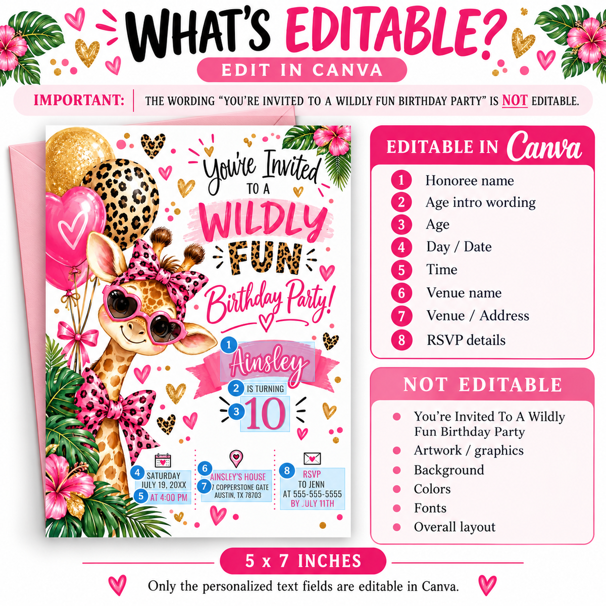 Girls safari birthday invitation with a giraffe wearing pink heart sunglasses, leopard print bows, tropical flowers, and pink and gold balloons