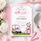 Editable pink golf baby shower invitation Canva template with pink golf cart, hot pink golf bag with bow, crossed clubs, corner pennants, and bold pink typography on a white background
