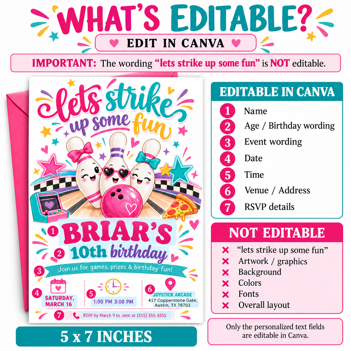 Bowling birthday invitation for a girl’s 10th birthday with smiling bowling pins, pink and teal bows, heart sunglasses, a pink bowling ball, arcade machine, and pizza