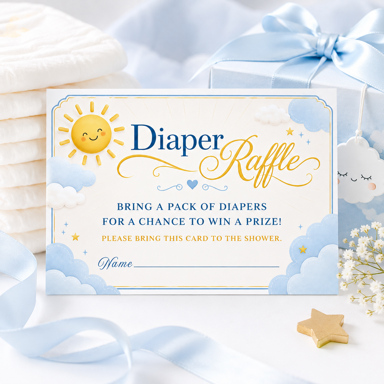 Editable here comes the son diaper raffle card Canva template with smiling sun, fluffy blue and white clouds, gold star accents, and navy and golden script typography on a warm cream background, landscape orientation