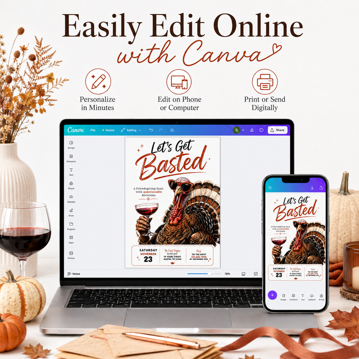Friendsgiving invitation with Let’s Get Basted headline and illustrated turkey wearing sunglasses and holding a glass of red wine
