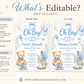 Editable oh boy baby shower invitation Canva template with watercolour teddy bear, baby blocks, vintage pram, rocking horse, balloons, and sleepy moon on a white background with blue border