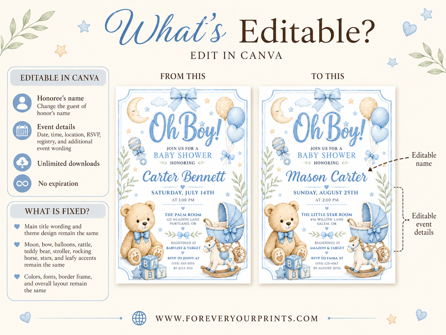 Editable oh boy baby shower invitation Canva template with watercolour teddy bear, baby blocks, vintage pram, rocking horse, balloons, and sleepy moon on a white background with blue border