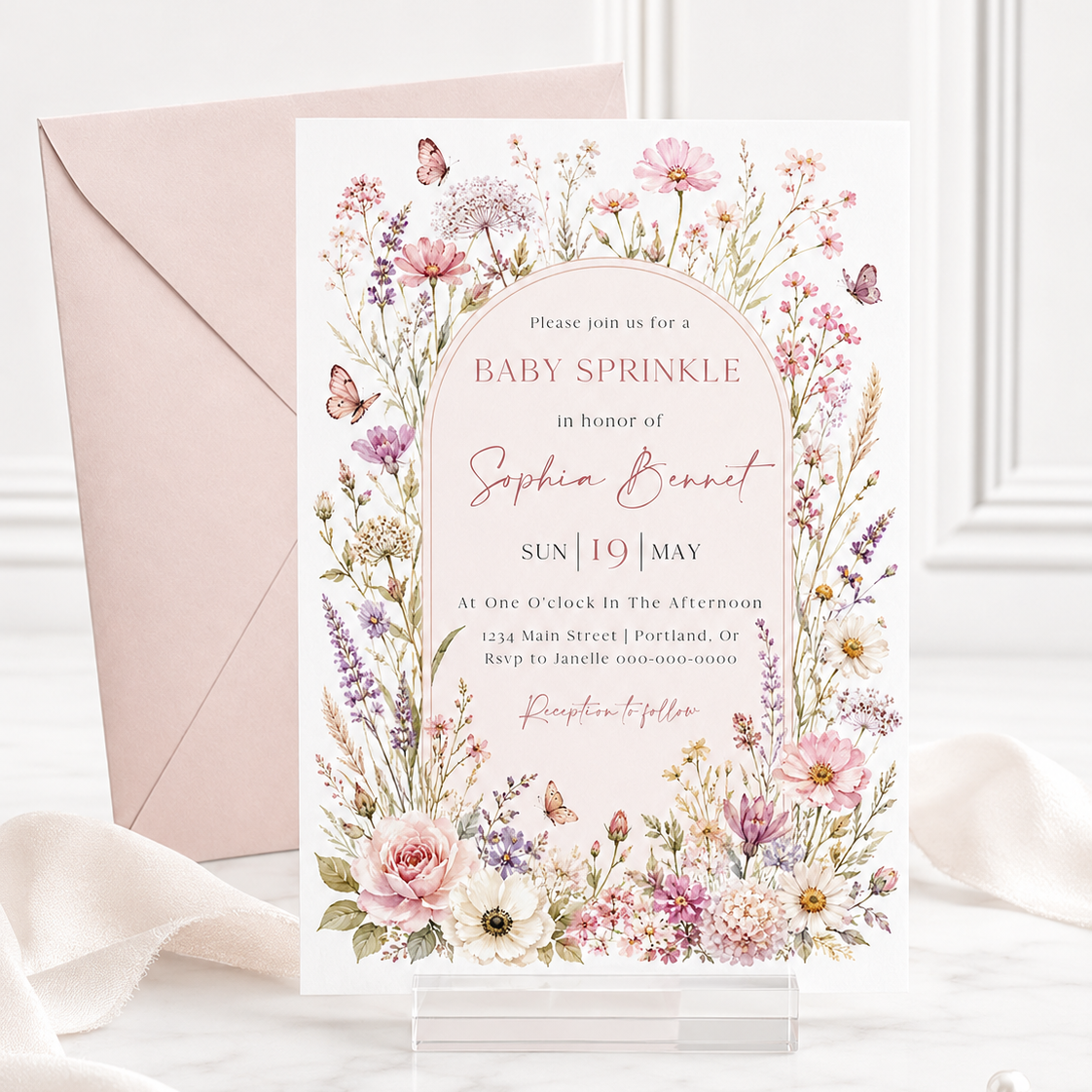 Editable wildflower baby sprinkle invitation Canva template with watercolour botanicals, blush arch, butterfly details, and script typography on a soft pink background