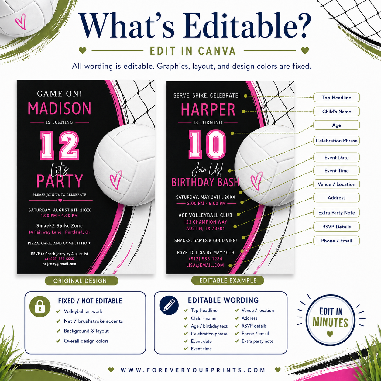 Volleyball girl birthday invitation with a volleyball and net in bold pink, black, and white