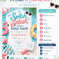 Pool party baby shower invitation with a flamingo float, beach ball, and pink umbrella in pink and aqua