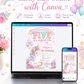 Unicorn fifth birthday invitation featuring a pastel rainbow, smiling clouds, balloons, gold stars, colourful flowers and a floral unicorn.
