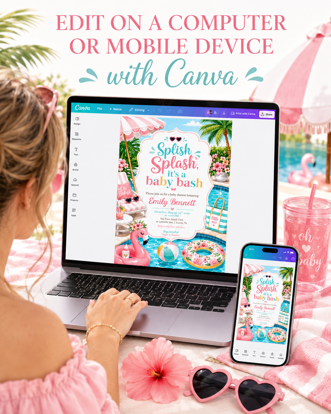 Pool party baby shower invitation with a flamingo float, beach ball, and pink umbrella in pink and aqua