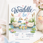 Waddle it be gender reveal invitation with watercolor ducks, baby ducklings, pink and blue bows, pond water, cattails, lily pads, hearts, and pastel details