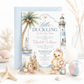Beach duckling baby shower invitation with baby duck, pink bow, sailboat, lighthouse, sandcastle, seashells, starfish, ocean waves, and soft pastel girl shower details
