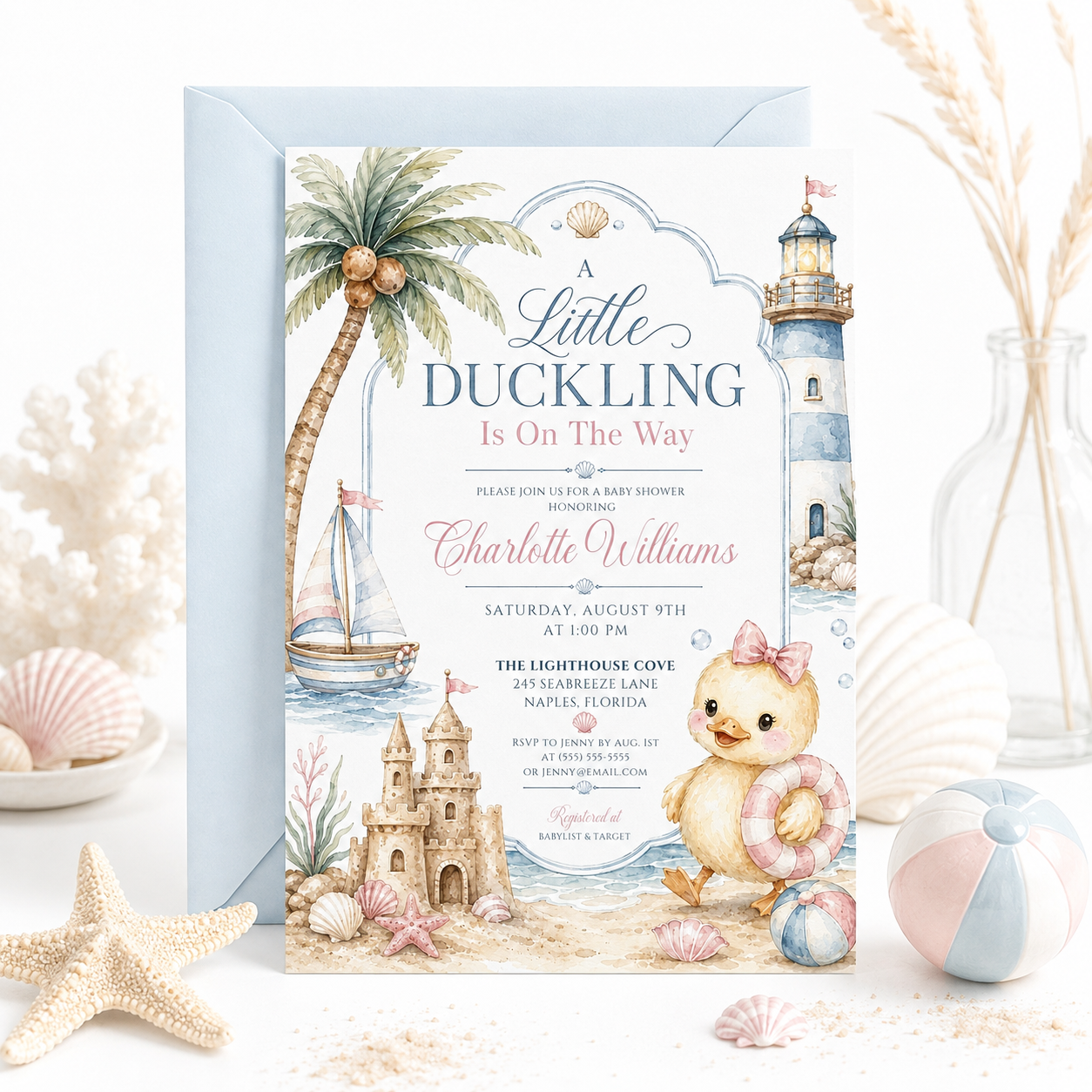 Beach duckling baby shower invitation with baby duck, pink bow, sailboat, lighthouse, sandcastle, seashells, starfish, ocean waves, and soft pastel girl shower details