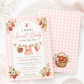 Editable strawberry baby shower invitation Canva template with watercolour strawberries, white blossoms, clothesline scene, and pink gingham background, shown with front and back of card