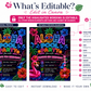 Neon Aloha pool party birthday invitation featuring a glowing pineapple, pink flamingo float, hibiscus flowers, palm trees and colorful tropical lights.
